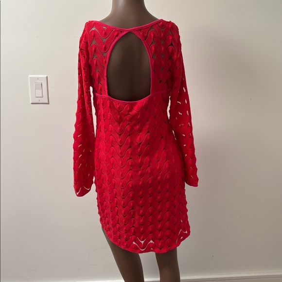Free People wild thing red mini dress lace crochet knit longsleeve Medium M - Picture 6 of 9